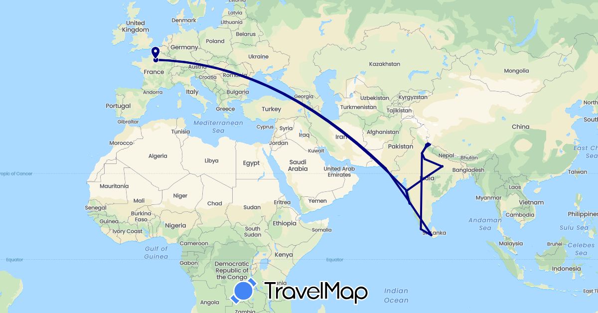 TravelMap itinerary: driving in France, India, Sri Lanka, Pakistan (Asia, Europe)